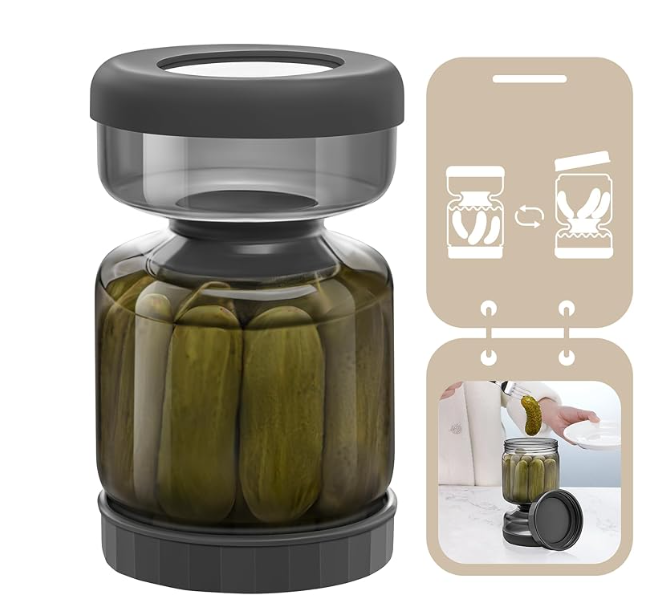Luvan Glass Pickle Jar, 34oz Pickle Container with Strainer, LeakProof Kraut and Olive Hourglass Jug, Olive Jar with Airtight Lid, Multifunction Jalapeno Container, Gherkin Flip Jar for Fridge