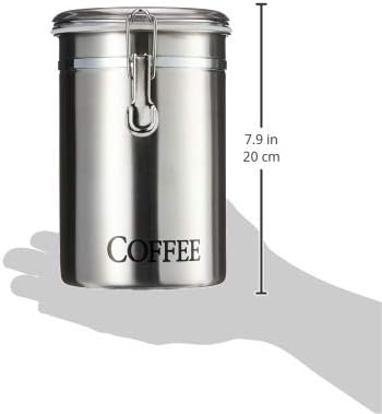 Oggi Stainless Steel Coffee Canister 62 fl oz - Airtight Clamp Lid, Clear See-Thru Top - Ideal for Coffee Bean Storage, Ground Coffee Storage, Kitchen Storage, Pantry Storage. Large Size 5" x 7.5".