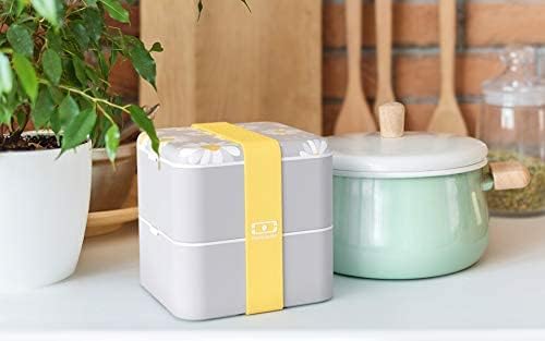 monbento - Large Bento Lunch Box MB Square Daisy with 2 Compartments - 57 oz -3 Leakproof Lunch Box for Work/Picnic/Meal Prep - BPA Free - Microwave & Dishwasher Safe - Flowers Pattern - Grey