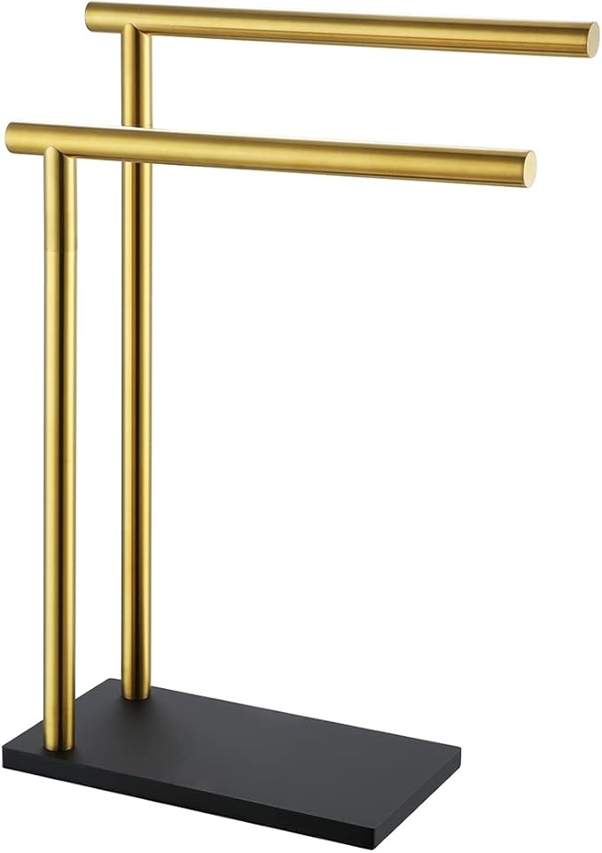 JQK Hand Towel Holder Stand Brushed Gold, Modern Tree Rack Free Standing for Countertop with 12 Inch 2 Bars, 304 Stainless Steel Golden, HTT172-BG