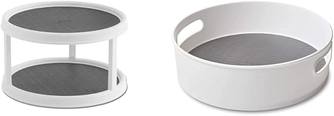 Copco 2555-0187 Non-Skid 2-Tier Pantry Cabinet Lazy Susan Turntable, 12-Inch, White/Gray & Non-Skid Storage Turntable, 12-Inch, Gray
