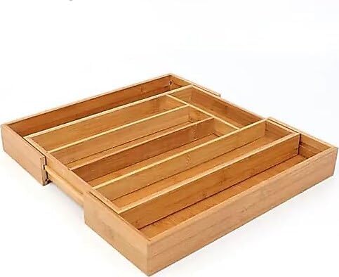 KARO DAILY - Retractable Bamboo Drawer Organizer – Adjustable Real Bamboo Kitchen Drawer Divider, Wood Cutlery Tray for Utensils, Office, Bathroom or Bedroom Storage