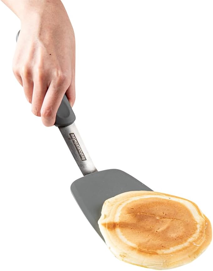 Restaurantware Comfy Grip Silicone Turner 1 Durable Cooking Turner - Stainless Steel Body Rubber Handle With Hole Gray Silicone Flipper Spatula Tolerates Up To 446F Dishwashable