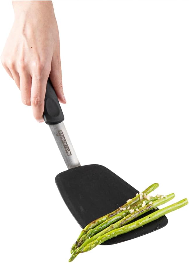 Restaurantware Comfy Grip Silicone Turner 1 Durable Cooking Turner - Stainless Steel Body Rubber Handle With Hole Black Silicone Flipper Spatula Tolerates Up To 446F Dishwashable
