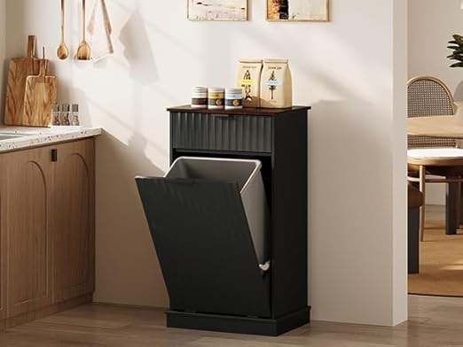 WLIVE 10 Gallon Tilt Out Trash Can Cabinet, Hidden Trash Can Cabinet with Storage Drawers,Food/Clothes Storage Pet Proof Wooden Trash bin Cabinet for Kitchen, Home, Laundry (Black)