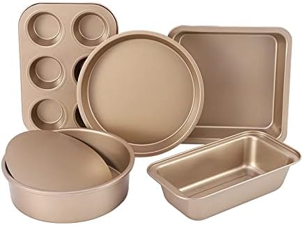 5-Piece Toaster Oven Baking Pan Set β Compact Nonstick Bakeware for RV, Camper & Small Kitchens β Muffin, Loaf, Pizza, Cake & Square Pans Gold (Gold)