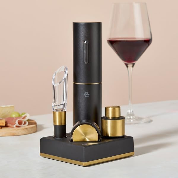 Rabbit 5-Piece Electric Wine Set with Automatic Corkscrew, Aerator, Foil Cutter, Vacuum Preserver, Charging Base, Black and Gold