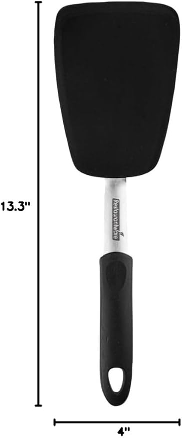 Comfy Grip 13.3 x 4 Inch Silicone Turner, 1 Durable Cooking Turner - Stainless Steel Body, Rubber Handle with Hole, Black Silicone Flipper Spatula, Tolerates up to 446F, Dishwashable - Restaurantware