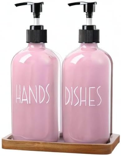 ALELION Dish Soap Dispenser for Kitchen - 16 OZ Glass Hand Soap Dispenser Set with Acacia Wood Tray - Pink Kitchen Bathroom Decor and Accessories