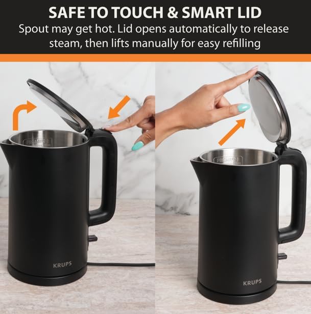 KRUPS 1.5L Electric Kettle Stainless Steel Cool Touch Interior, Fast Boiling, One Cup in 80 Seconds, Double Wall, Auto Off, Keep Warm, Hot Water Kettle Electric, Cordless, Black/White