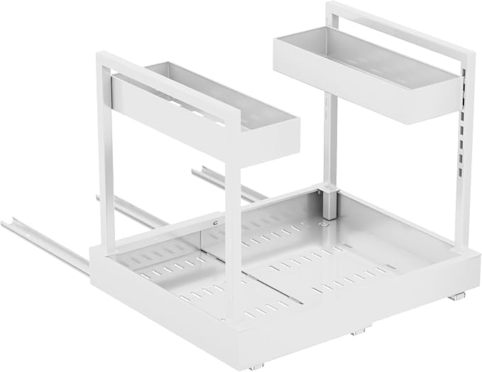 NEWMATIC Adjustable Under Sink Organizer Pull Out Drawers, 2-Tier Slide Out Cabinet Storage Shelf for Kitchen Sink, Height & Width Extendable White, 15''D x 13''-20.5''W x 15''H(1Pack)