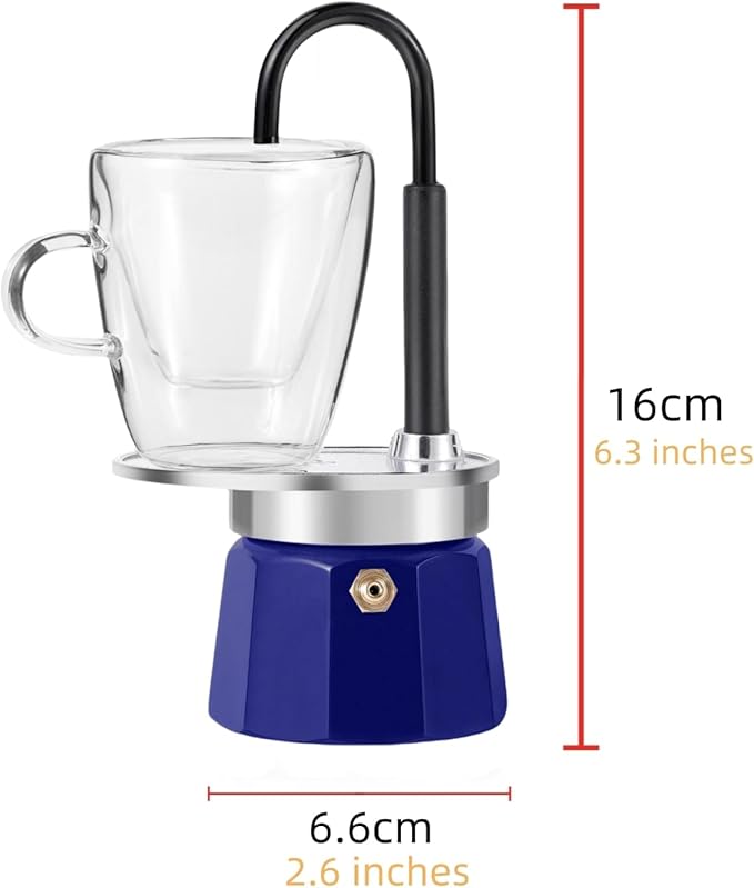 MVPLUE-Mini Express Swiss Single Tube Moka Pot Aluminum Blue,Moka Set includes One Double Wall 3oz Cup,Enjoy delicious coffee in no time
