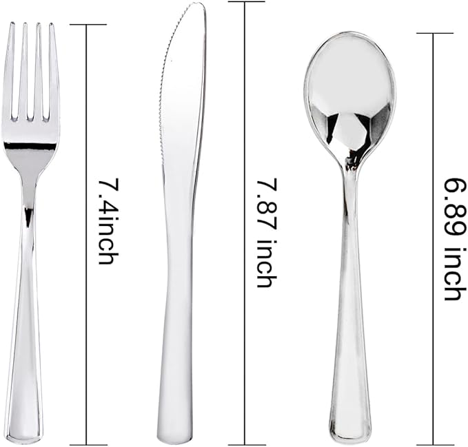 WDF 300 Pieces Silver Plastic Silverware - Plastic Silverware Heavy Duty - 100 Forks 100 Knives 100 Spoons - Disposable Silver Cutlery Perfect for Party/Wedding/Christmas