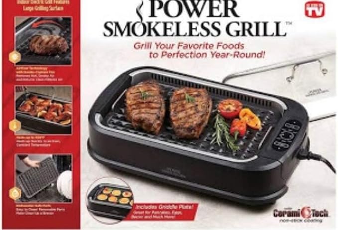 Smokeless Indoor Electric Grill With Tempered Lid Interchangeable Griddle Plate OPEN BOX