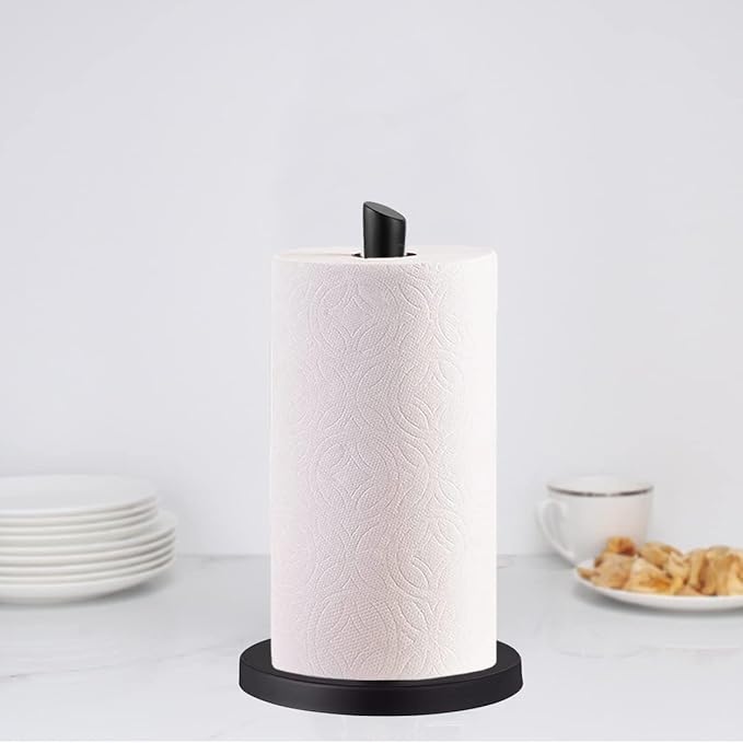 Paper Towel Holder countertop, Free-Standing Kitchen roll Holder for Kitchen Bathroom, Paper Towel Holder Stand Dispenser with Stainless Base Fits Standard (Black)