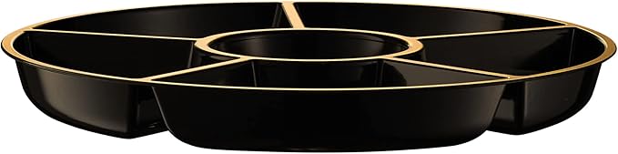 PLASTICPRO 6 Sectional Round Plastic Serving Tray/Platters Black & Gold Pack of 2