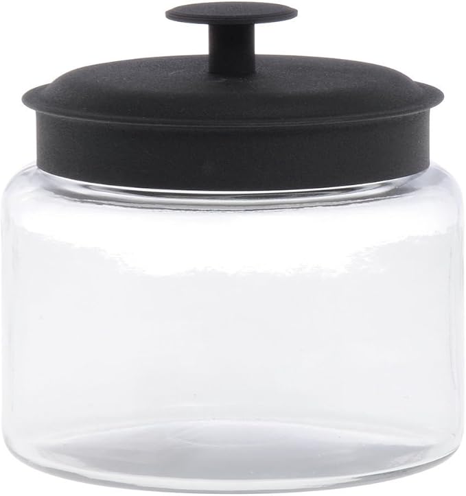 ONEIDA LTD, EVERYWARE Anchor Hocking? 48 oz Clear Glass Montana Jar With Black Lid - 6" Dia x 6 1/2" H