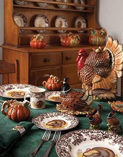 Spode Woodland Turkey Round Platter - 12" Fine Porcelain Serving Tray with British Flowers Border, Rustic Thanksgiving Design - Microwave, Dishwasher, Freezer & Warm Oven Safe - Made in England