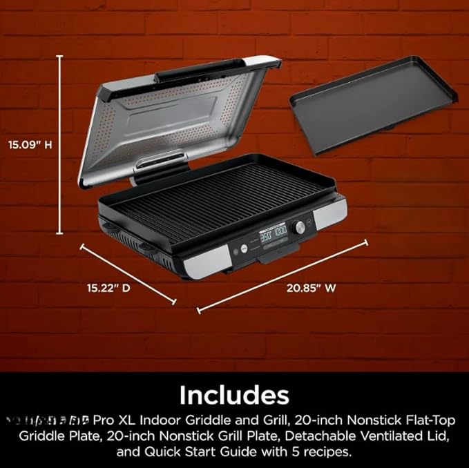 Niinnja Sizzle Pro XL 20" Indoor Griddle & Grill with Pro Temp, Detachable Ventilated Lid, Grease Control, Ceramic Nonstick Plates, Even Edge Cooking, Extra Large Capacity, Silver/Black (Model GX 101)