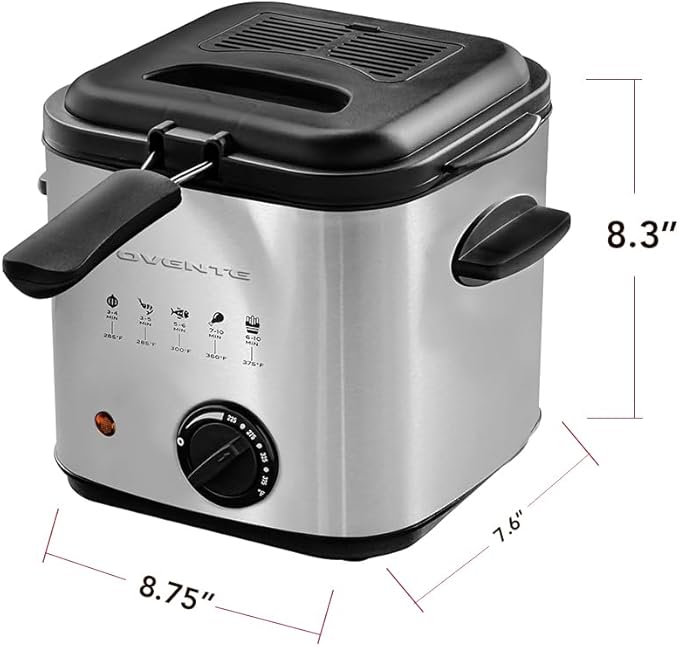 OVENTE Electric Deep Fryer, 1.5L Capacity, 800W with Adjustable Temperature, Viewing Window Lid, Removable Frying Basket & Cool-Touch Handles, Stainless Steel Countertop Fryer, Silver FDM1501BR