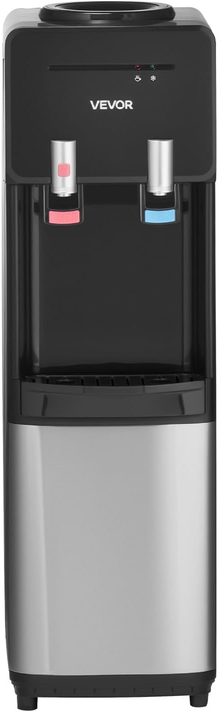 VEVOR Top Loading Water Cooler Dispenser, Hot and Cold Water Dispenser for 3 or 5 Gallons Bottles, Sturdy Stainless Steel and Child Security Lock, Ideal for Homes, Kitchens, Offices, Dorms, Black