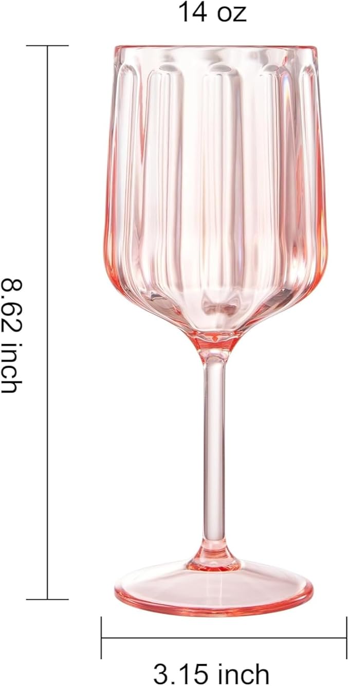 Khen Acrylic Lucia Stemmed Goblets - Unbreakable Wine Glasses Reusable Drinking Cups Dishwasher Safe Elegant Stemware for Cocktail Champagne | Kitchen Bar Party | Set of 6 |14oz | Pink