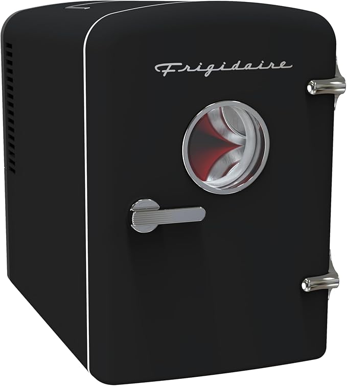 Frigidaire Retro 9-Can Mini Personal Fridge Portable Cooler for Car, Office, Bedroom, Dorm Room, or Cabin, 11.8" D x 7.1" W x 10.1" H, BLACK