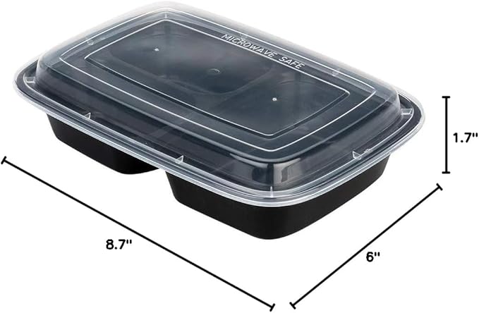 Restaurantware-Asporto 26 Ounce Compartment Take Out Boxes, 50 Microwavable Meal Prep Containers - 3 Compartments, With Clear Plastic Lids, Black Plastic Food Containers, Do Not Contain BPA