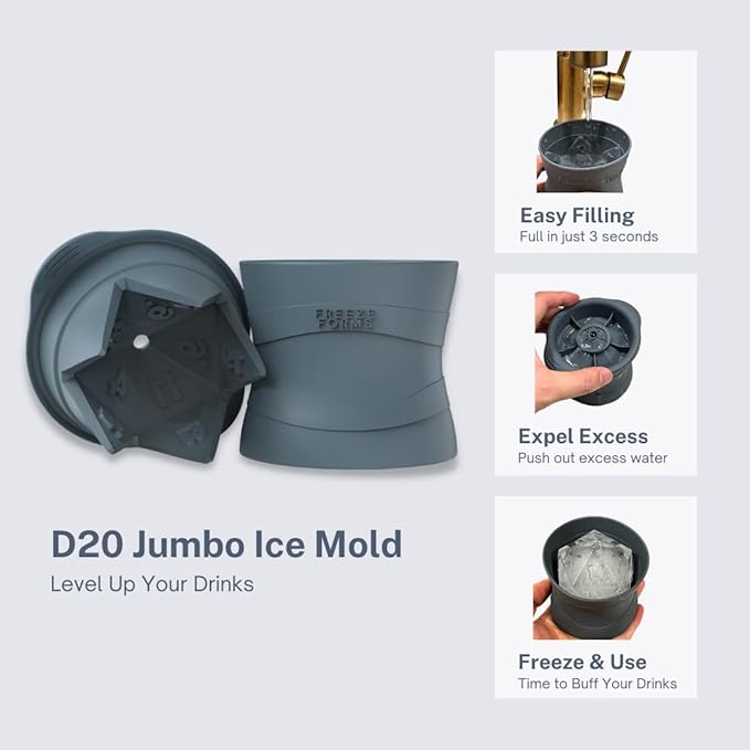 D20 Dice Shaped DND Fantasy Whisky Ice Cube Mold - Roll for Refreshment, Level Up Your Drinks with this Perfect Present for TTRPG Fans, Gamers, Geeks and Nerds