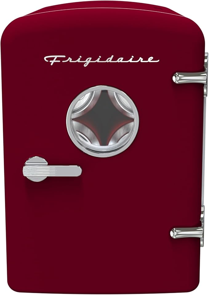 Frigidaire Retro 9-Can Mini Personal Fridge Portable Cooler for Car, Office, Bedroom, Dorm Room, or Cabin, 11.8" D x 7.1" W x 10.1" H, Red