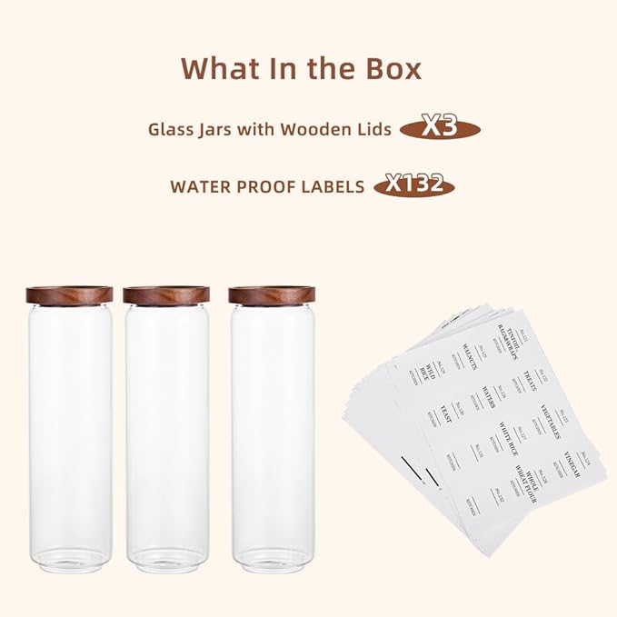 Tzerotone Glass Pantry Storage Jars with Acacia Airtight Lid, 50 OZ Kitchen Canisters with Wood Lid and 132 Pantry Labels, Food Storage Containers Set of 3