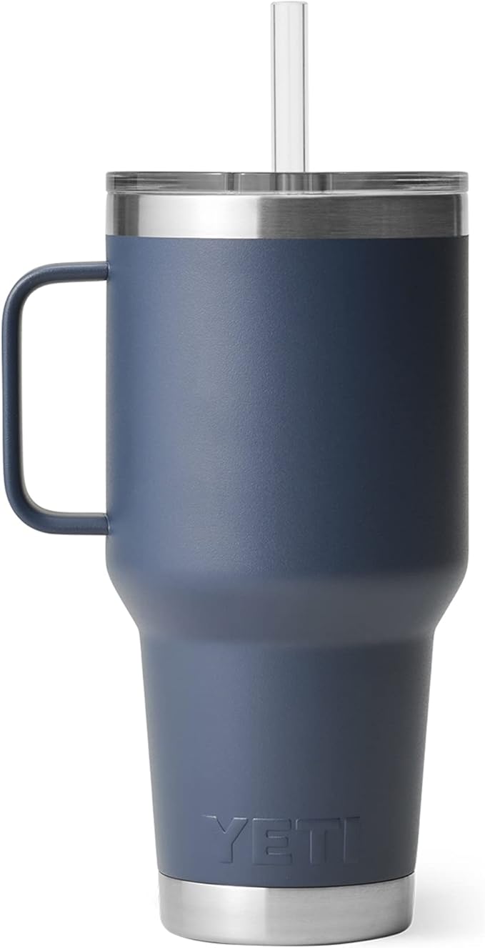 YETI Rambler 35 oz Tumbler with Handle and Straw Lid, Travel Mug Water Tumbler, Vacuum Insulated Cup with Handle, Stainless Steel, Navy