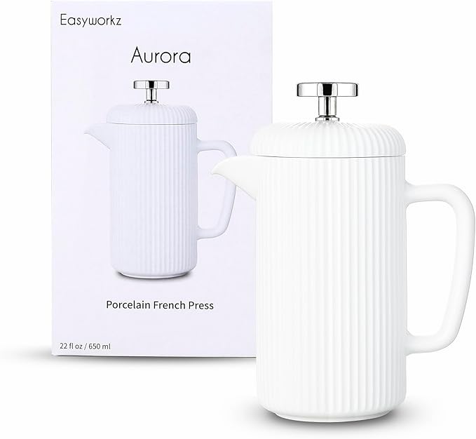 Easyworkz Porcelain French Press 22 fl oz, Coffee Tea Maker with Stainless Steel Plunger, Ivory