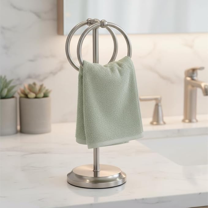 J&V TEXTILES Steel Towel Rack Holder Stand with 2 Hanging Rings for Bathroom Vanity Countertops - Space Saving Hand Towel Holder (Brushed Satin Nickel)