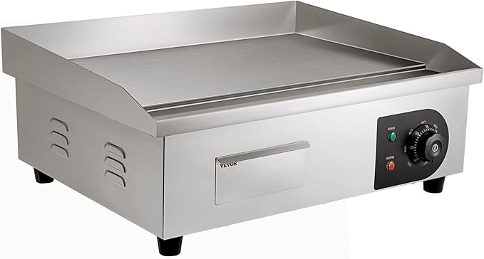 VEVOR Commercial Electric Griddle, 22", 1600W Countertop Flat Top Griddle, Stainless Steel Teppanyaki Grill w/Iron Cooking Plate, 122-572℉ Adjustable Temp Control 2 Shovels & Brushes, 110V