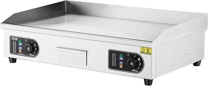 VEVOR Commercial Electric Griddle, 2800W Countertop Flat Top Grill, 122℉-572 ℉ Adjustable Temp, 29in Stainless Steel Griddle Grill with 2 Shovels and 2 Brushes for Home or Restaurant(110V No Plug)