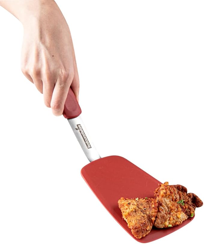 Restaurantware Comfy Grip Silicone Turner 1 Durable Cooking Turner - Stainless Steel Body Rubber Handle With Hole Red Silicone Flipper Spatula Tolerates Up To 446F Dishwashable