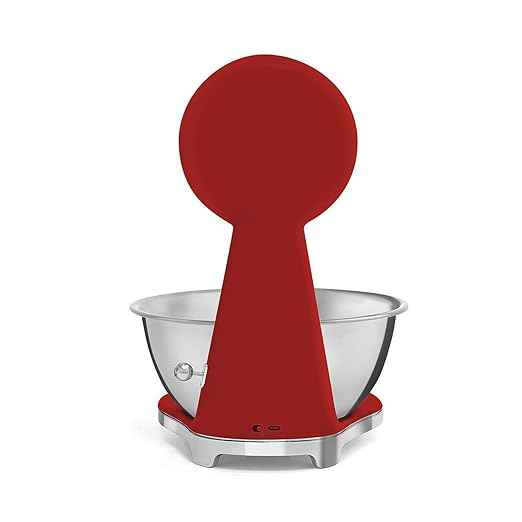 SMEG Retro-Style Analog & Digital Kitchen Scale, 11 lb Capacity, Rechargeable Battery, Backlit LCD Display, Stainless Steel Bowl (Red)