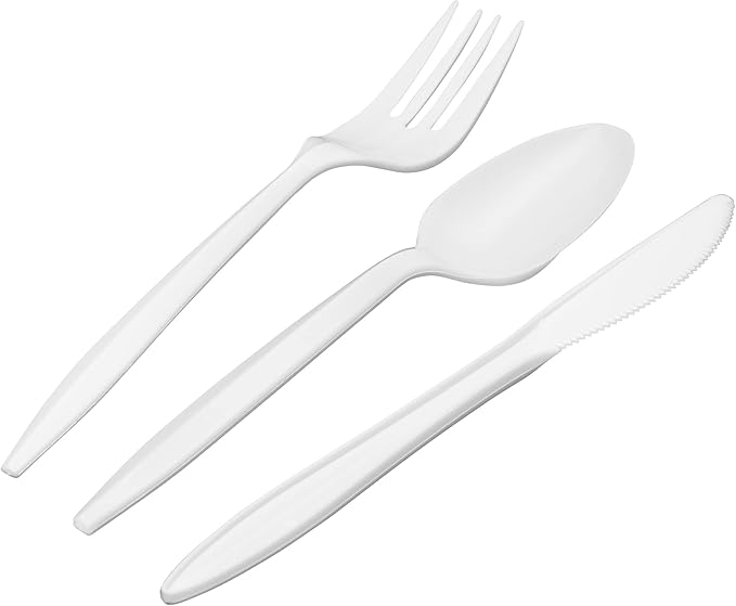1,000 Plastic Disposable Cutlery Bulk Variety Pack White Medium Weight Includes 334 forks, 333 knives, 333 soup spoons, Disposable Silverware Plastic Cutlery