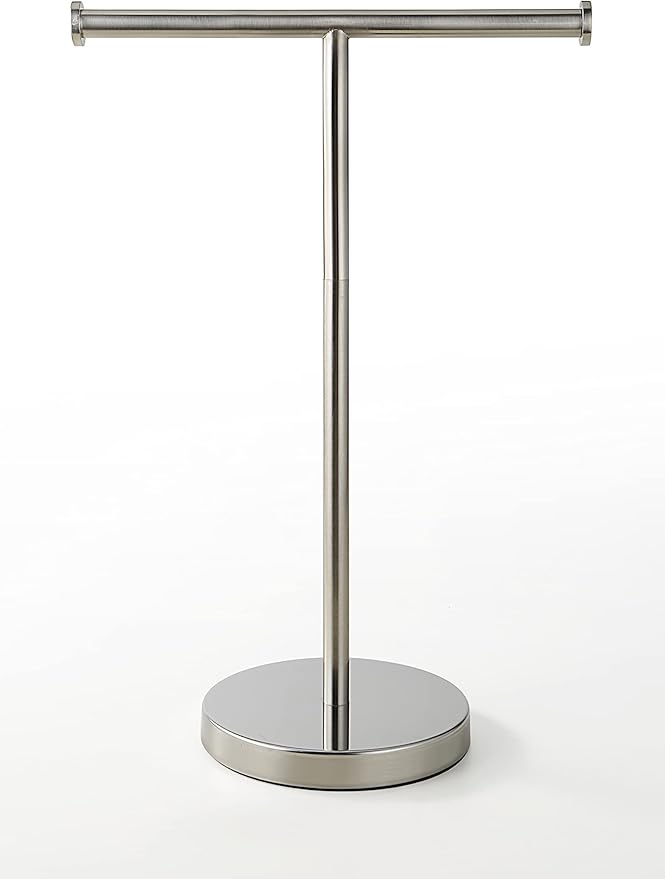 SunnyPoint Countertop Hand Towel Holder Stand – 16.5" Tall Stainless Steel T-Bar Rack with Weighted Base, Brushed Satin Nickel Finish – Jewelry Holder for Bathroom, Vanity, or Kitchen