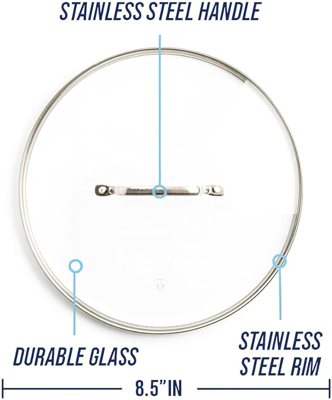 Blue Diamond 8.5” Universal Tempered Glass Lid, Frying Pan Skillet, Sauté, Saucepan, Stockpot, Oven Safe to 350°F, Dishwasher Safe, Stainless Steel Handle, Clear