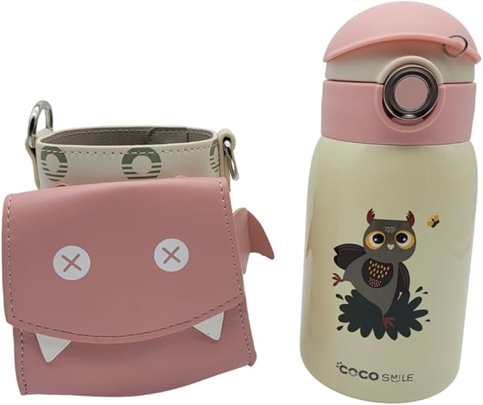 Cocosmile Bat Kids Water Bottle - Easy Open Button & Carrying Lanyard with Zipper Pouch - Kids Water Bottles for School Boys Girls, Stainless-Steel Thermal Water Bottle, BPA Free (Without Straw)
