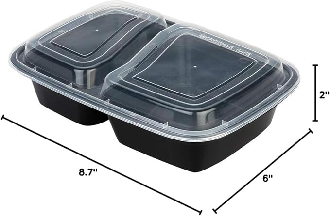 Restaurantware Asporto 32 Ounce Compartment Take Out Boxes 100 Microwavable Meal Prep Containers - 2 Compartments With Clear Plastic Lids Black Plastic Food Containers Do Not Contain BPA