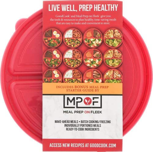 GoodCook Meal Prep Containers Set Microwave & Dishwasher-Safe Round Food Organizers with Labeled Compartments BPA-Free Food Storage Set with Snap Shut Lids Portion Control, 10-Pieces, Red (Pack of 4)