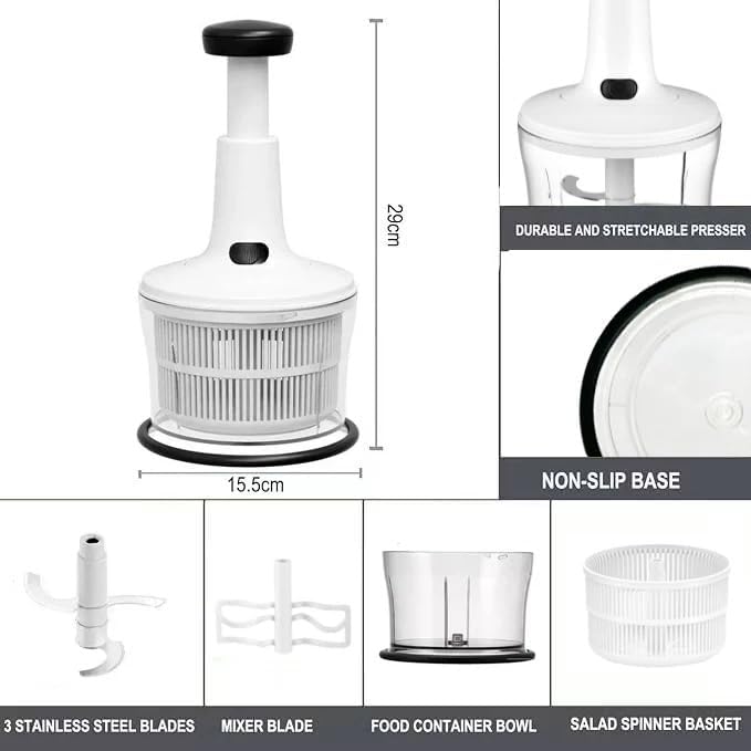 Manual Food Processor -Salsa Maker Hand Chopper Blender As Seen On TV- Meat Masher Mincer-Salad Spinner -Onion Chopper & Dicer for Baby Food, Salad, Herbs, Garlic,BPA Free(Large)