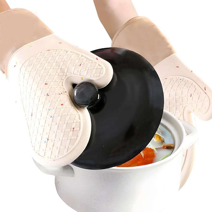 6-Piece Set Silicone Oven Mitts Cooking BBQ Gloves Non-Slip Heat Resistant Soft Cotton Lining Washable Baking Gloves Beige