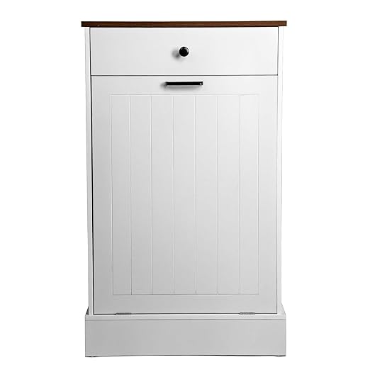 10 Gallon Tilt Out Trash Cabinet –Hidden Wooden Garbage Recycling Cabinet,Pet Proof Trash Can Holder with Storage for Kitchen Bathroom Living Room White