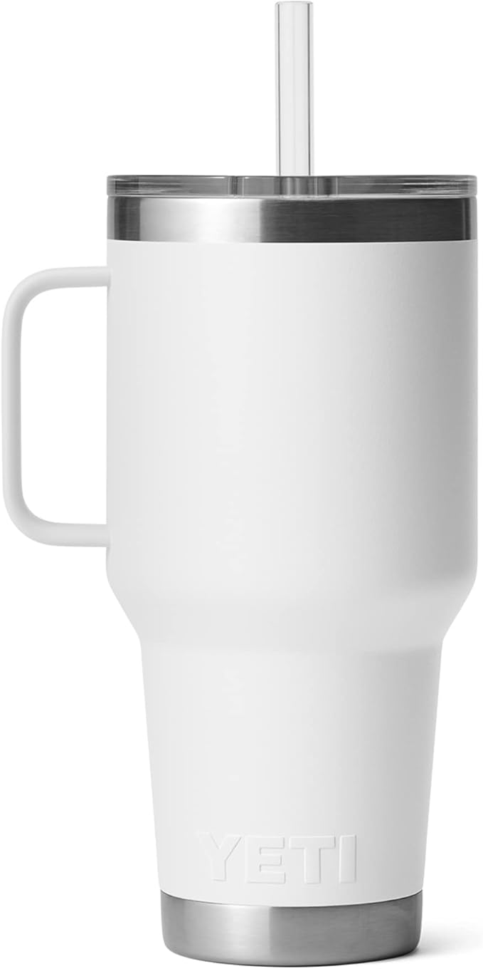 YETI Rambler 35 oz Tumbler with Handle and Straw Lid, Travel Mug Water Tumbler, Vacuum Insulated Cup with Handle, Stainless Steel, White