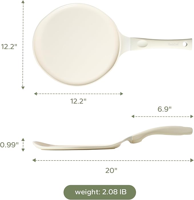 Redchef Nonstick Crepe Pan 12 Inch with Ceramic Coating, Non Stick Flat Skillet, Professional Pancake Griddle Pan, Induction Compatible, PFAS/PFOA/PTFE Free, Stay-Cool Handle (Beige White)