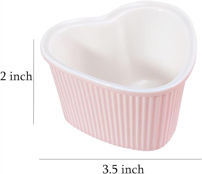 Sizikato Heart-Shaped Pink Porcelain Souffle Dishes, Ramekins - 3.5 Inches for Souffle, Creme Brulee and Dipping Sauces - Set of 4